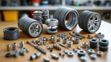A collection of car parts including tires, wheels, bearings, and other mechanical components.