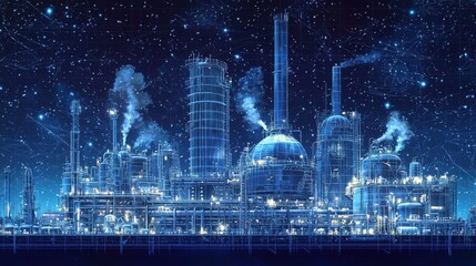 Poster - blueprint illustration depicting futuristic industrial plant at night