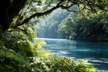 Poster - Lush Green Forest Overlooking a Calm River