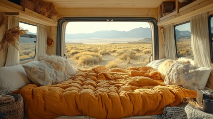 Poster - A welcoming van interior features a plush yellow blanket spread across a bed, surrounded by scenic mountains and vast fields. The warm light of the golden hour enhances the tranquility of the setting.