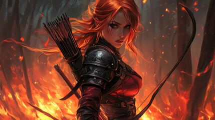 Wall Mural - A fantasy woman rogue with many weapons in a burning forest, illustration generative ai. Fantasy. Illustration