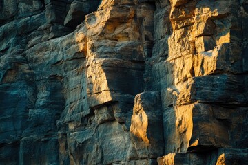 Poster - Golden Sunlight Illuminates a Rugged Rock Face