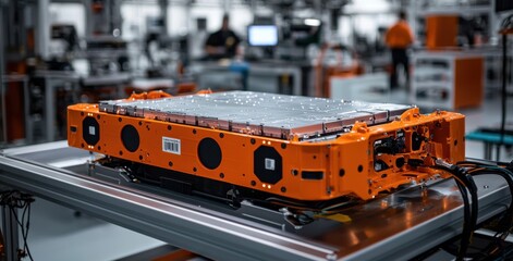 Poster - Close-up view of an electric vehicle battery in a factory