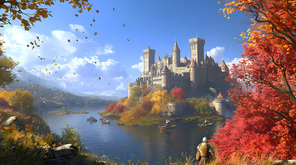 Wall Mural - A landscape illustration of the medieval fantasy fortified castle and knights with colourful trees under vast blue sky. Fantasy. Illustration