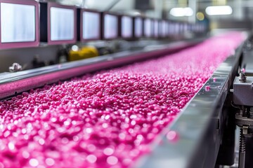 Poster - Close-up of pink pills being produced in a pharmaceutical factory
