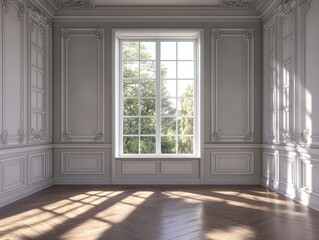 Poster - A bright, elegant room with a large window showcasing greenery outside.