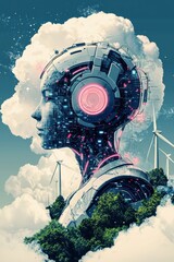 Poster - Futuristic humanoid robot with cloud and neon elements