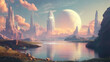 © Thiago - Artistic concept painting of a beautiful sci-fi landscape, with a future thing in the background. tender and dreamy design, background illustration. Fantasy. Illustration