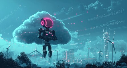 Poster - Digital cloud and mechanical robot in a futuristic landscape