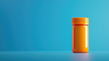 Poster - A bottle of orange liquid sitting on a blue surface