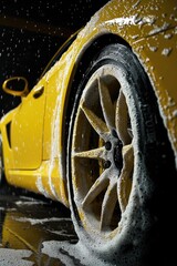 Poster - A detailed shot of a bright yellow sports car getting wet in the rain