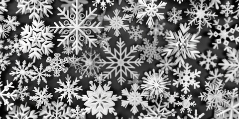 Poster - A black and white photo of individual snowflakes falling from the sky