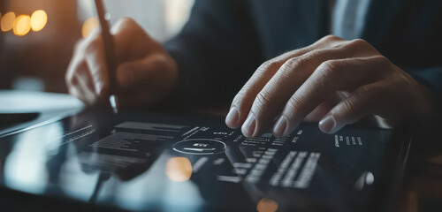 Poster - businessman analyzing financial data on digital tablet for strategic market research