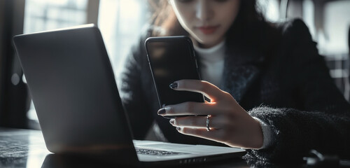 Poster - Businesswoman using smartphone and laptop for online work in modern office environment