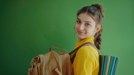 Poster - A young girl with a backpack and pencils, possibly heading to school or starting an art project