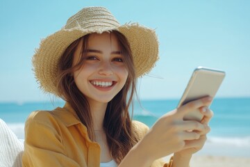 Aufkleber - A woman in a straw hat examines her mobile device