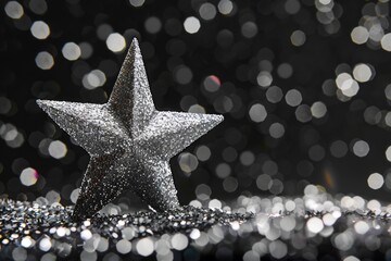 Poster - A single silver star sits atop a reflective surface, perfect for use in designs about stars, space, or luxury