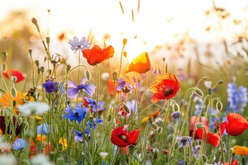 Aufkleber - Wildflowers in a field at sunset, with a warm glow