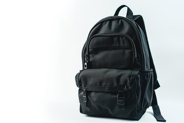 Poster - A close-up image of a black backpack against a white background, ideal for travel or adventure-themed designs