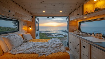 Poster - A cozy van features a bed and kitchenette, showcasing a breathtaking ocean view at sunset. The warm lighting enhances the peaceful atmosphere.