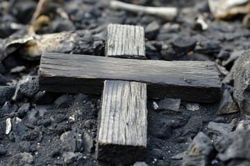 Aufkleber - A wooden cross lying on top of a pile of rubble, ideal for backgrounds or symbolic imagery