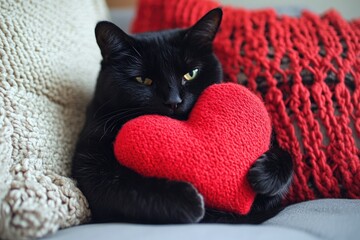 Poster - A black cat holds a red heart on a cozy couch