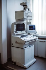 Canvas Print - A white printer sitting on a desk next to a window, ideal for use in office or workspace scenes