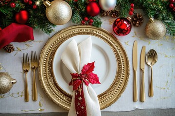 Aufkleber - A festive table setting featuring a white plate, silverware, and a red poinsettia