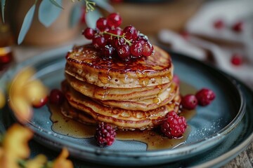 Poster - A plate filled with a stack of fluffy pancakes, drizzled with sweet syrup and topped with fresh berries
