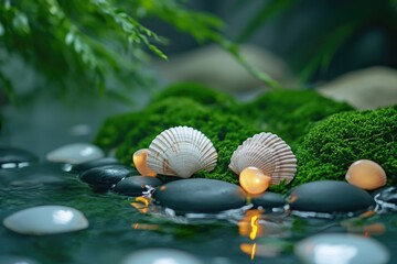 Poster - A close-up shot of rocks and shells on the surface of the water, perfect for use in nature-inspired designs or as a background element