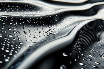 Poster - Close-up image of water droplets on a black surface, useful for science and technology illustrations
