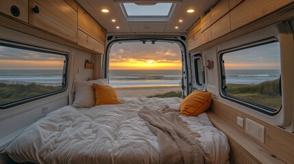 Poster - The interior of a van features a comfortable bed adorned with pillows, while large windows reveal a breathtaking sunset over the beach. Soft colors enhance the serene environment.