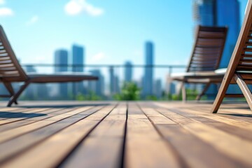 Aufkleber - Wooden deck with chairs overlooking a city skyline, ideal for use in travel or architecture illustrations