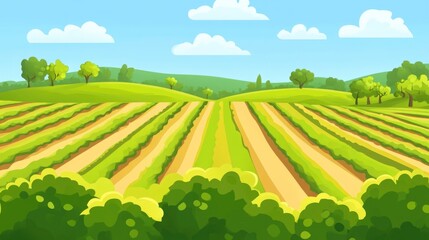 Poster - A scenic farm view with rows of crops and trees, suitable for rural or agricultural themes