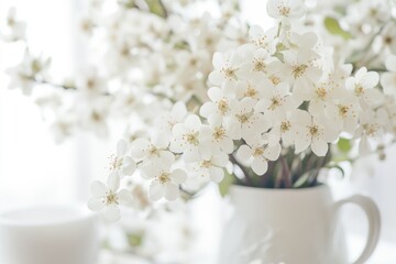 Aufkleber - A still life composition of white flowers in a vase alongside a cup of coffee