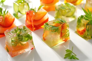 Poster - Fresh fruits and vegetables arranged on a white plate filled with ice cubes, perfect for a summer salad or snack