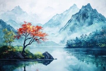 Poster - A scenic view of a red tree standing on the shore of a peaceful mountain lake