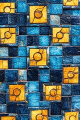 Aufkleber - A blue and yellow tiled wall featuring a classic clock