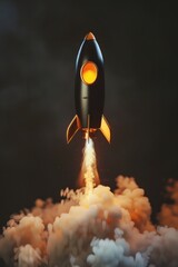 Poster - A black and orange rocket blasts off into the sky, with flames and smoke creating a dynamic scene