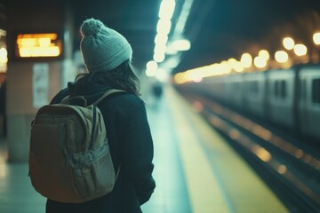 Poster - A woman stands by the train platform, holding a backpack and looking at her watch