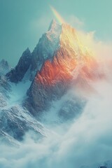Poster - A snowy mountain with a colorful rainbow in the sky