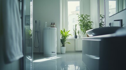 Aufkleber - A modern bathroom with a large window and a potted plant in the corner, perfect for a calm atmosphere