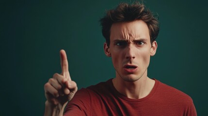 Poster - A person in a red shirt gestures towards an unknown object, potentially drawing attention to it