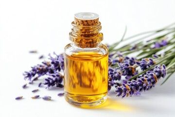 Poster - A bottle of lavender essential oil sits beside a bouquet of fresh lavender flowers