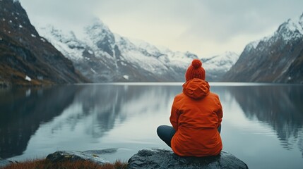 Aufkleber - A person sits atop a rock overlooking a serene lake, great for outdoor or nature scenes