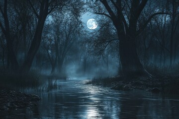 Poster - A photo of a full moon shining bright in the night sky above a calm river