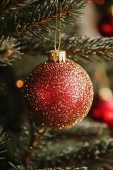 Poster - A red ornament hangs from a Christmas tree branch