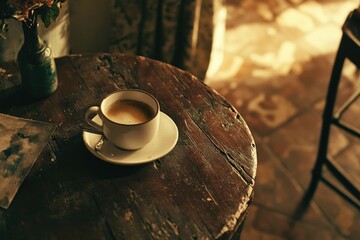 Poster - A cup of coffee sits on top of a wooden table, waiting to be enjoyed