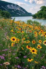 Poster - A field of yellow and purple flowers near a body of water, perfect for travel, outdoor or nature-themed projects