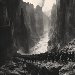 Wall Mural - A dramatic black-and-white photograph of a massive medieval cavalry charge, with armored knights riding warhorses in tight formation